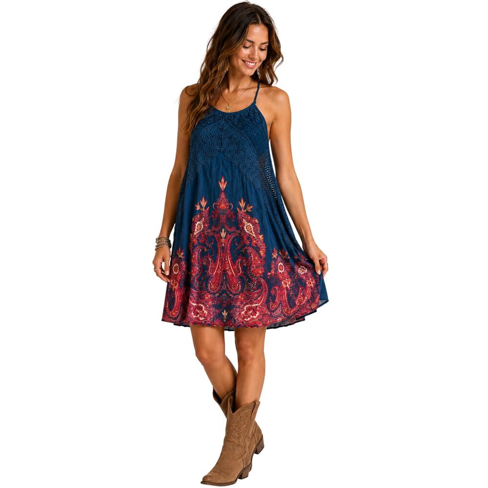 Free People Size L Boho Paisley Lace Swing Dress Teal Red Spaghetti Strap